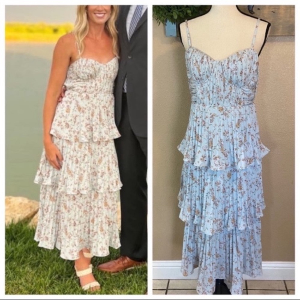 NWOT Lulus Cascading Crush Light Blue Floral Print Tiered Bustier Midi Dress